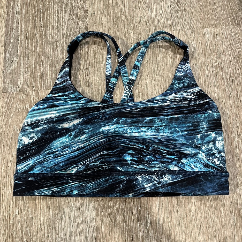 Lululemon energy bra, black & blue pattern, size 8